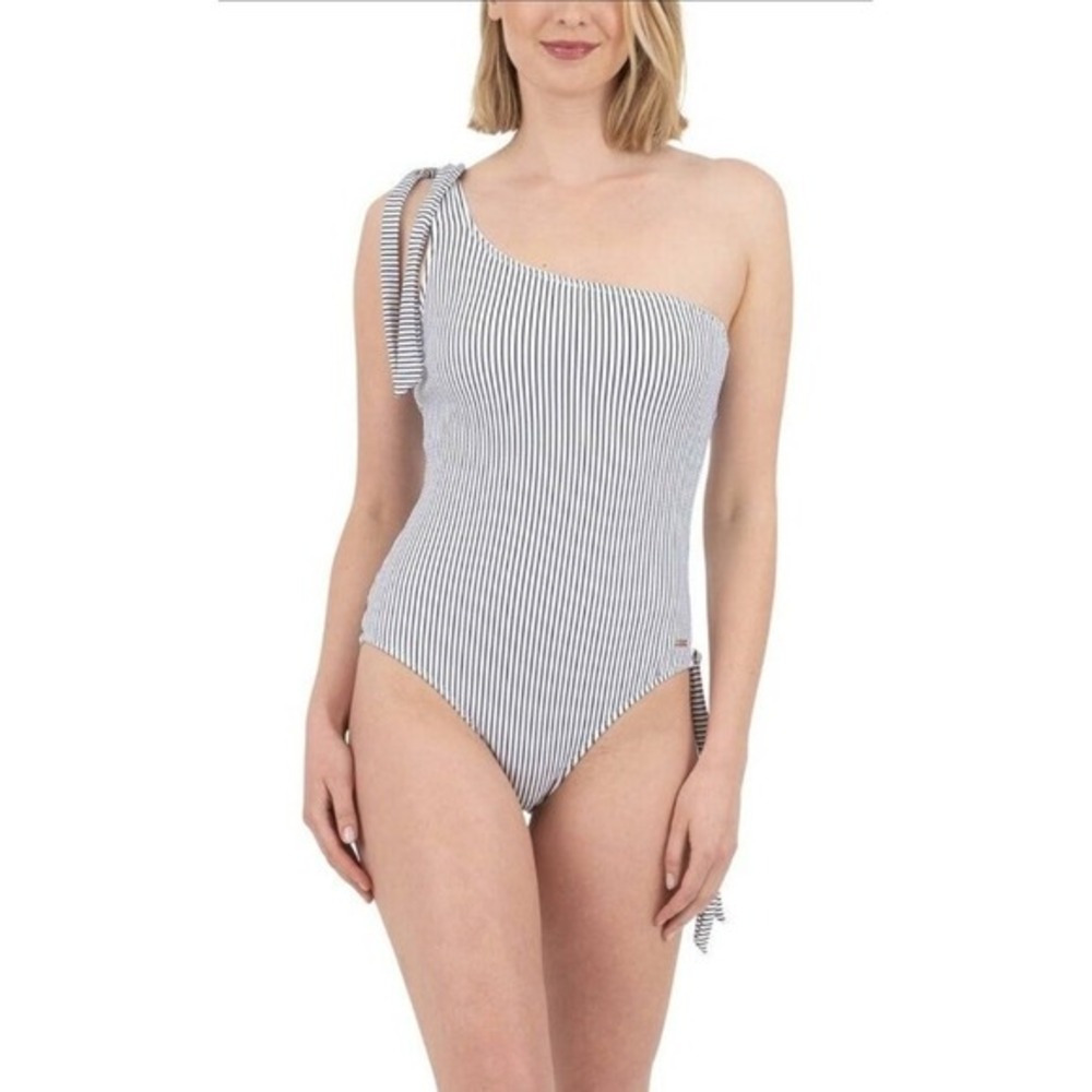 Nine West One Piece Swimming Suit‎ Women's M Striped One Shoulder Striped